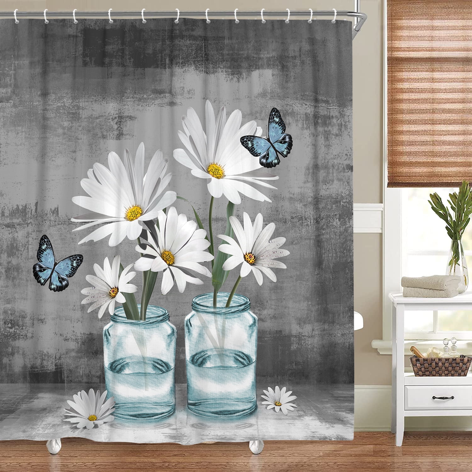 Rustic Farmhouse Floral Shower Curtain Set Grey Gray Teal Flowers Fabric Bath Curtain Butterfly Daisy American Country Wooden Farm Style wiht 12PCS Hooks 72×72IN Turquoise