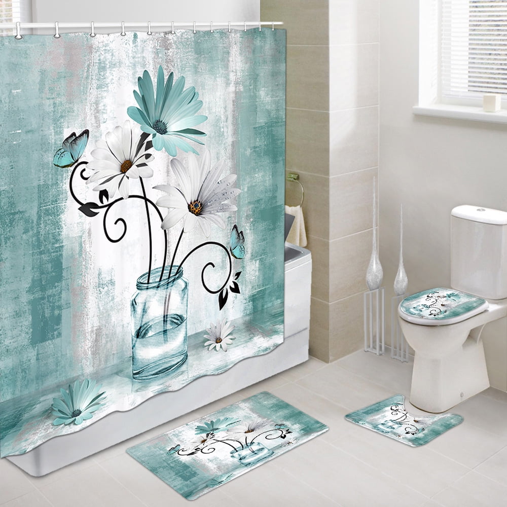 Rustic Farmhouse Floral Shower Curtain Set with Hooks 69 x 70Inch, Teal ...