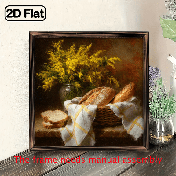 Rustic Farmhouse Floral Wall Art - 8x8 Inch Wooden Framed Painting with Bread Vase Design, Vibrant Colors, Country-Style Decor for Bedroom, Living Room, Kitchen - Home Decoration, Bedroom Wal