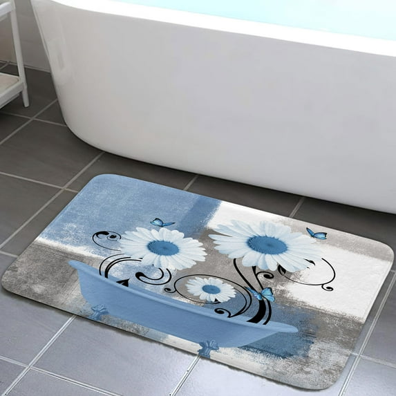 Rustic Farmhouse Flower Bath Rugs, Farm Blue Daisy Floral Butterfly Country Bath Mat for Bathroom, Blue Grey White Bath Mat Flannel Non Slip Mat Rug 17X29in