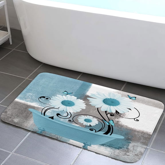 Rustic Farmhouse Flower Bath Rugs, Farm Teal Daisy Floral Butterfly Country Bath Mat for Bathroom, Teal Grey White Bath Mat Flannel Non Slip Mat Rug 17X29in