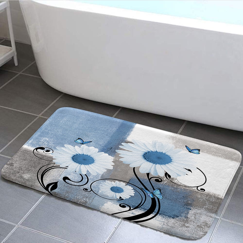 Rustic Farmhouse Flowers Bath Rug,Farm Teal Daisy Floral and Butterfly on Country Bath Mat,Blue Kitchen Rug Floor Mat Soft Non Slip Runner Carpet Indoor Doormat,16X24in