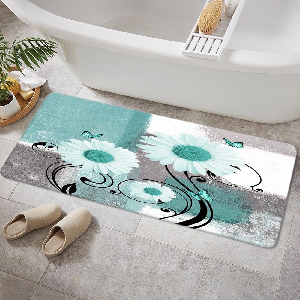 Rustic Farmhouse Bath Rug with Teal Daisies & Butterflies | Non-Slip Floral Floor Mat in Mint Green, 17x48 Inch