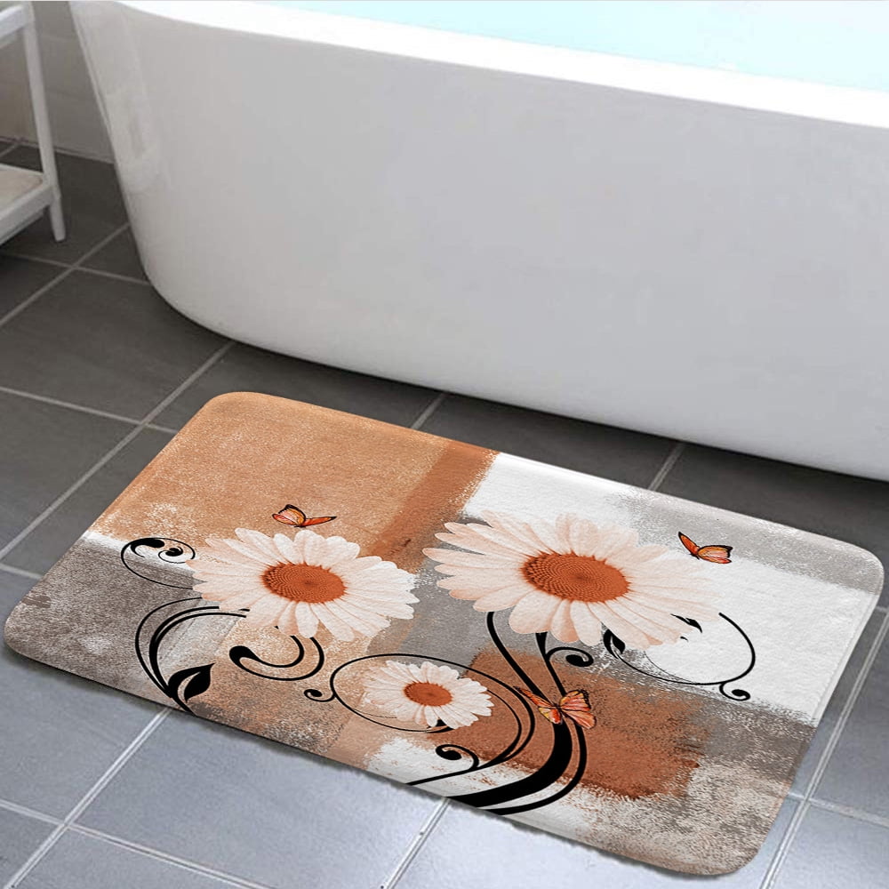 Rustic Farmhouse Flowers Bath Rug,Farm Teal Daisy Floral and Butterfly on Country Bath Mat,Orange Kitchen Rug Floor Mat Soft Non Slip Runner Carpet Indoor Doormat,19X31in