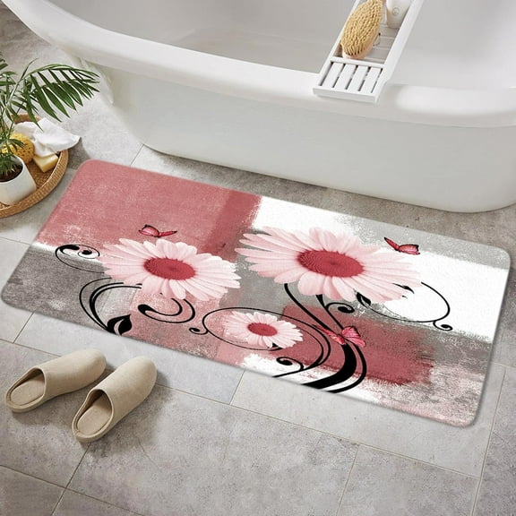 Rustic Farmhouse Bath Mat, Non-Slip Teal Floral Runner with Daisy and Butterfly Pattern, 17x48 Inch