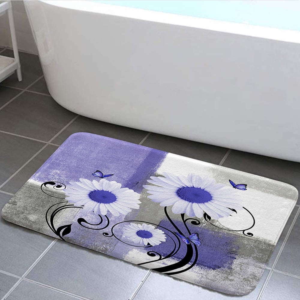 Rustic Farmhouse Flowers Bath Rug,Farm Teal Daisy Floral and Butterfly on Country Bath Mat,Purple Kitchen Rug Floor Mat Soft Non Slip Runner Carpet Indoor Doormat,17X29in