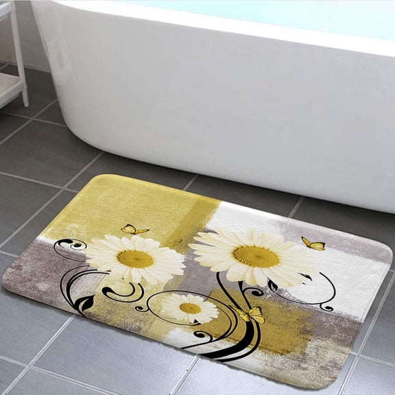 Rustic Farmhouse Flowers Bath Rug,Farm Teal Daisy Floral and Butterfly on Country Bath Mat,Yellow Kitchen Rug Floor Mat Soft Non Slip Runner Carpet Indoor Doormat,17X29in