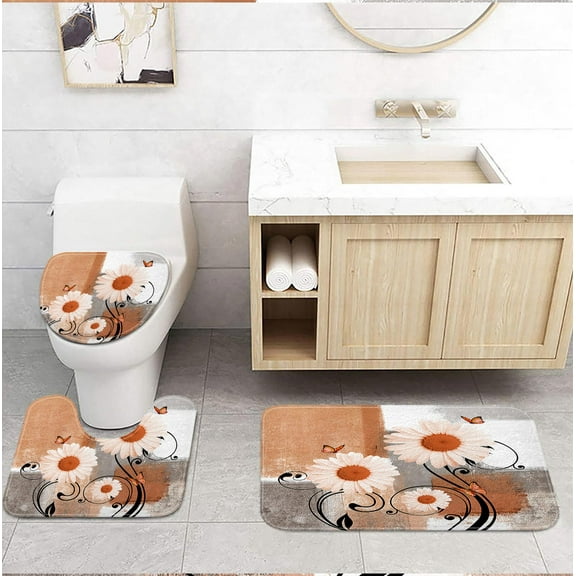 Rustic Farmhouse Flowers Bath Rug Set,Farm Orange Daisy Floral and Butterfly on Country No Silp Washable Cover Floor Rug Decorations for Kitchen Bathroom