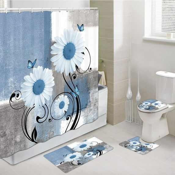 Farmhouse Blue Floral Shower Curtain Set 4 Piece - Rustic Daisy Butterfly Bathroom Decor with Non-Slip Rugs Mat and Toilet Lid Cover