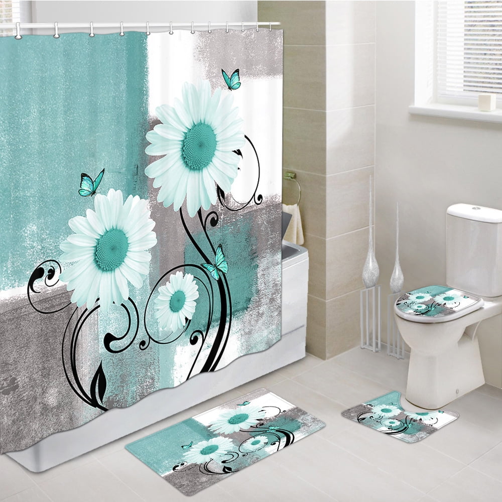 Rustic Farmhouse Flowers Shower Curtain Sets with Rugs 4 Piece,Farm Green Daisy Floral and Butterfly on Country Bathtub Bathroom Rugs Mat Toliet Lid Cover,Green Shower Curtain Set