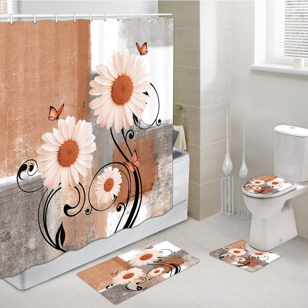 Rustic Farmhouse Flowers Shower Curtain Sets with Rugs 4 Piece,Farm Orange Daisy Floral and Butterfly on Country Bathtub Bathroom Rugs Mat Toliet Lid Cover,Orange Shower Curtain Set