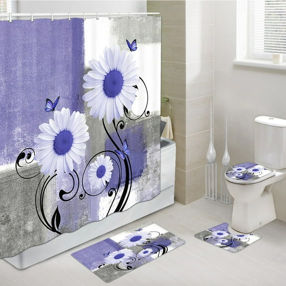 Rustic Farmhouse Flowers Shower Curtain Sets with Rugs 4 Piece,Farm Purple Daisy Floral and Butterfly on Country Bathtub Bathroom Rugs Mat Toliet Lid Cover,Purple Shower Curtain Set