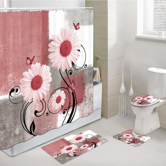 Rustic Farmhouse Flowers Shower Curtain Sets with Rugs 4 Piece,Farm Red Daisy Floral and Butterfly on Country Bathtub Bathroom Rugs Mat Toliet Lid Cover,Pink Red Shower Curtain Set
