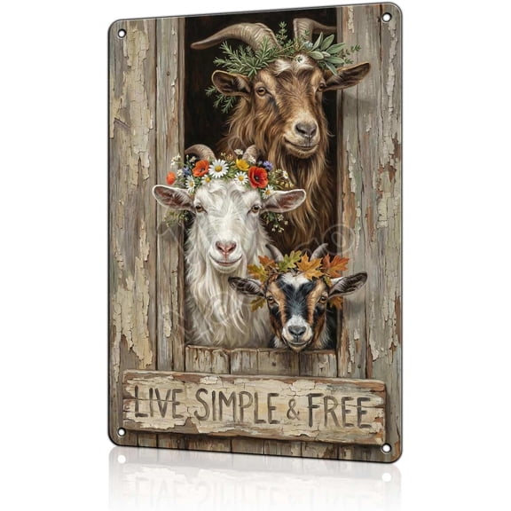 Rustic Farmhouse Goat Metal Tin Sign Wall Decor, Cute Goat Art Poster for Barn, Kitchen or Living Room, 8 x 12 Inch
