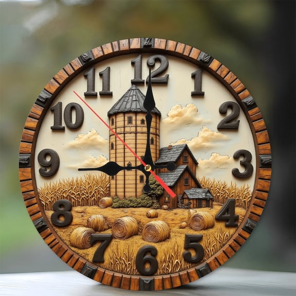 Rustic Farmhouse Grain Silo Hay Bales Wall Clock 10-Inch Silent Wooden Wall Clock, Battery Operated (AA Batteries Not Included), Artistic Home Decor