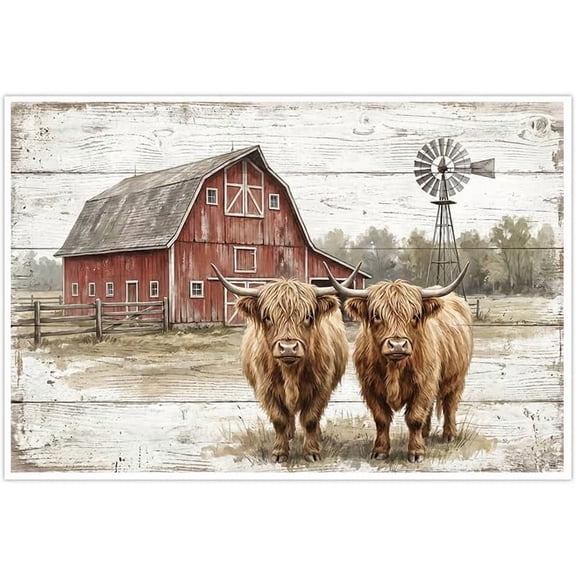 Rustic Farmhouse Highland Cow Wall Art Red Barn Windmill Country Home Decor