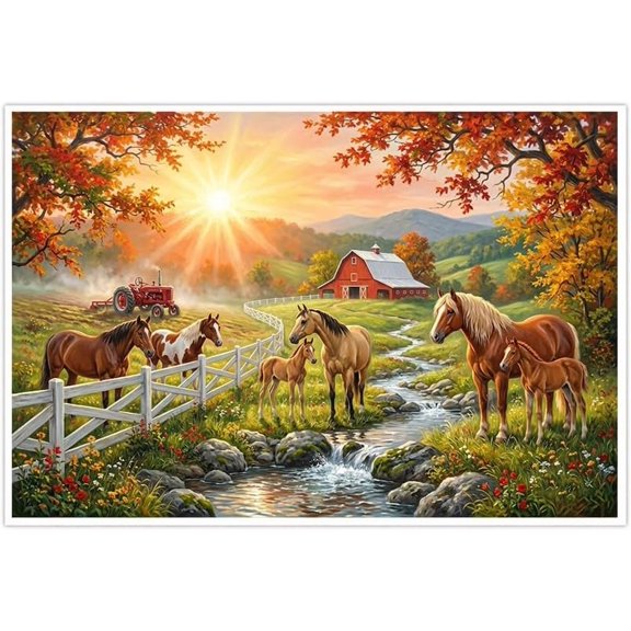 Rustic Farmhouse Horses Wall Art Fall Country Sunset Red Barn Decor Poster