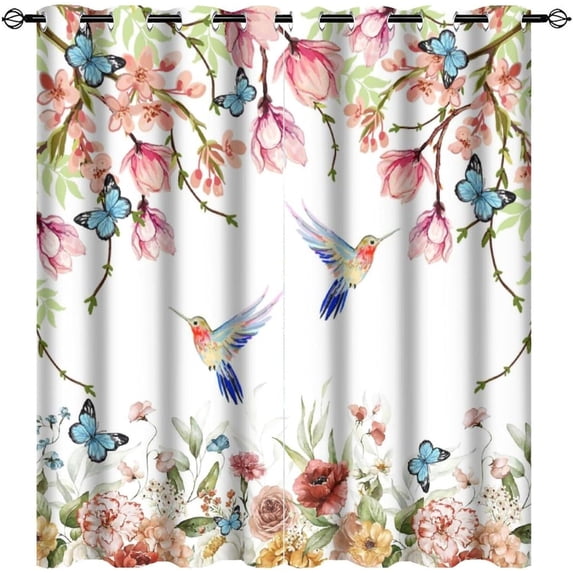Rustic Farmhouse Hummingbird Curtains For Bedroom,Watercolor Colorful Spring Forest Wildflower Bird Butterfly Thermal Insulated Room Darkening Grommet Window Curtains 38"W x 45"L (Pack of 2)