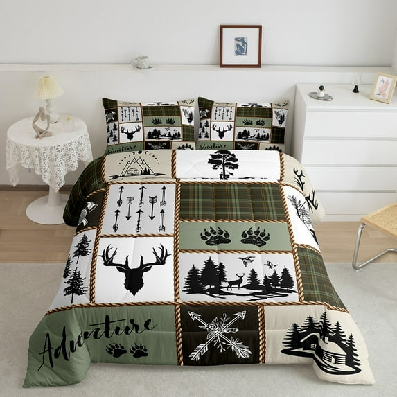Rustic Farmhouse Comforter Set Queen Size,Deer Antlers Bear Paws Plaids Patchwork Bedding Adults Room Decor,Pine Trees Down Comforter,Retro Duvet Insert