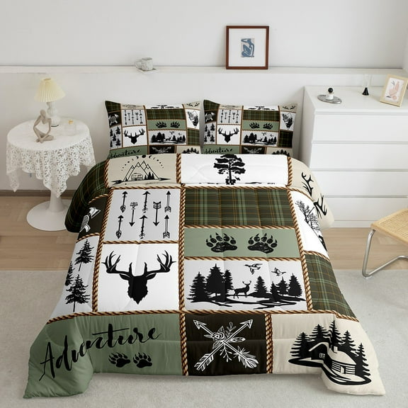 Rustic Farmhouse Comforter Set Twin Size,Deer Antlers Bear Paws Plaids Patchwork Bedding Adults Room Decor,Pine Trees Down Comforter,Retro Duvet Insert