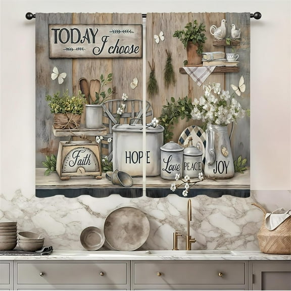 Rustic Farmhouse Kitchen Curtains 27.5W X 39L Inch 2 Panel Rod Pocket Vintage Tableware Still Life Positive Rustic Positive Farm Floral Small Short Cafe Tier Window Drapes Bathroom Home Decor