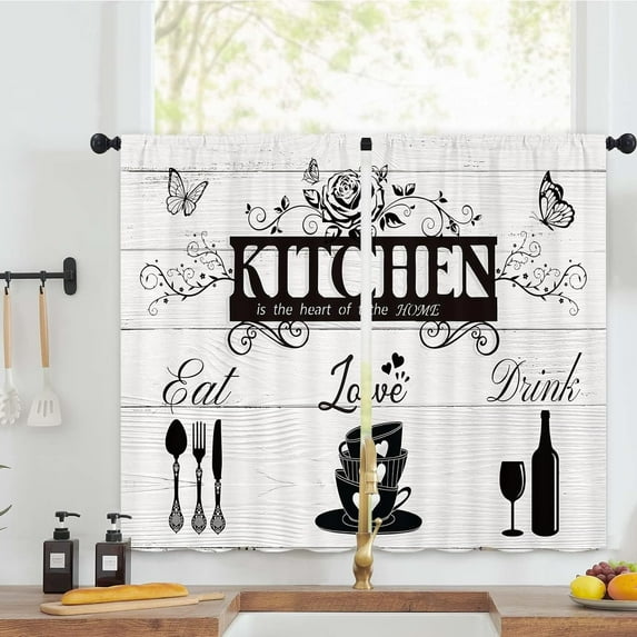 Rustic Farmhouse Kitchen Curtains 27.5W x 39L Inch Eat Love Drink Vintage Wood Wooden Barn Butterfly Rod Pocket Short Cafe Tier Small Window Treatment Drapes Decor 2 Panels