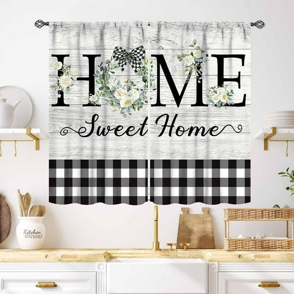 Rustic Farmhouse Kitchen Curtains,Country Green Flower Leaves Small Short Cafe Curtains Black White Buffalo Plaid Bathroom Window Treatment Tier Curtains 2 Panels,55X39 Inch