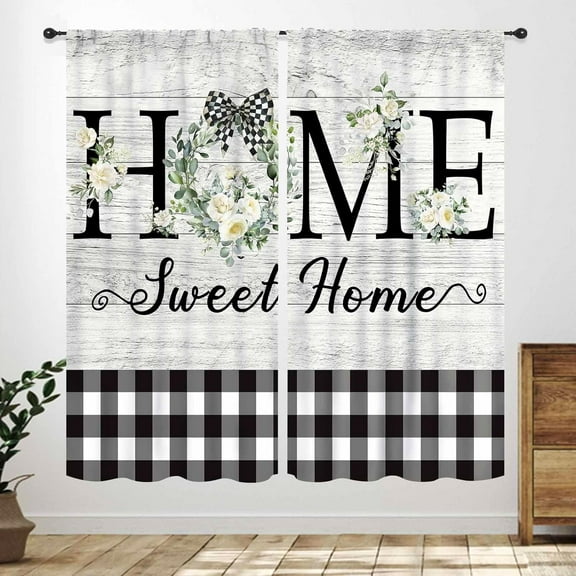 Rustic Farmhouse Kitchen Curtains,Country Green Flower Leaves Small Short Cafe Curtains Black White Buffalo Plaid Bathroom Window Treatment Tier Curtains 2 Panels,52X84 Inch