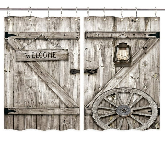 Rustic Farmhouse Kitchen Curtains, Country Old Wooden Barn Door Window Drapes Curtains 2 Panels Set Fabric Small Window Treatment Sets With Hooks 42X45 Inch