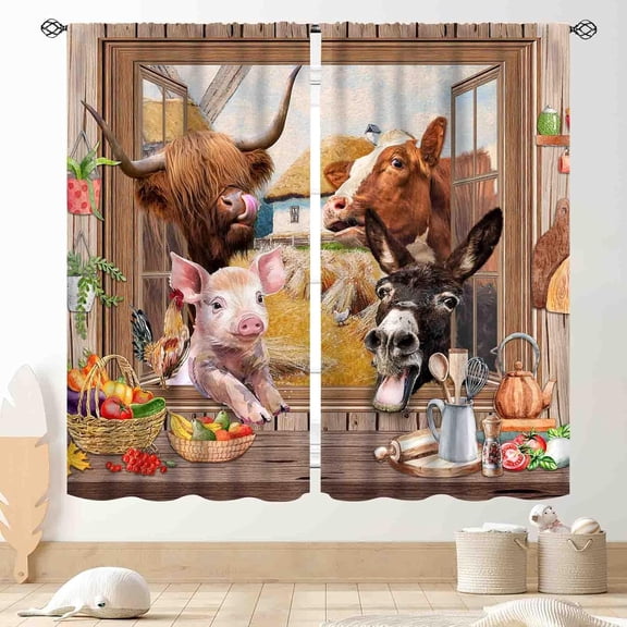 Rustic Farmhouse Kitchen Curtains Funny Farm Animals Highland Cow Pig Donkey Rooster Window Drapes for Bedroom Living Room Home Decor