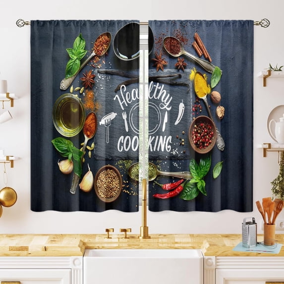 Rustic Farmhouse Kitchen Curtains Natural Organic Asian Spices Dark Stone Spring Summer Rod Pocket Window Drapes for Dining Room 27.5x63in,2 Panel Set