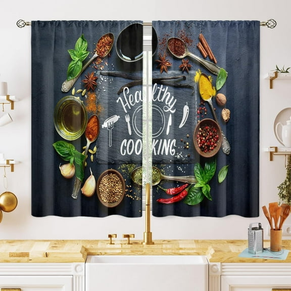 Rustic Farmhouse Kitchen Curtains Natural Organic Asian Spices Dark Stone Spring Summer Rod Pocket Window Drapes for Dining Room 21x54in,2 Panel Set