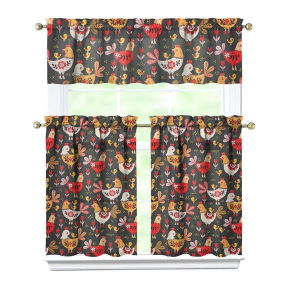 Rustic Farmhouse Kitchen Curtains with Valance - Hen & Barn Print, Semi-Sheer Short Curtains Set for Country Style Homes