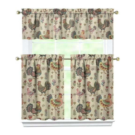 Rustic Farmhouse Kitchen Curtains with Valance - Hen & Barn Print, Semi-Sheer Short Curtains Set for Country Style Homes