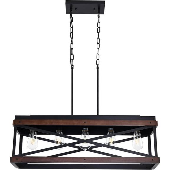 Rustic Farmhouse Kitchen Island Lighting Wood and Metal Linear Chandelier 5 Lights Industrial Pendant Light Fixture for Kitchen Island Dining Room