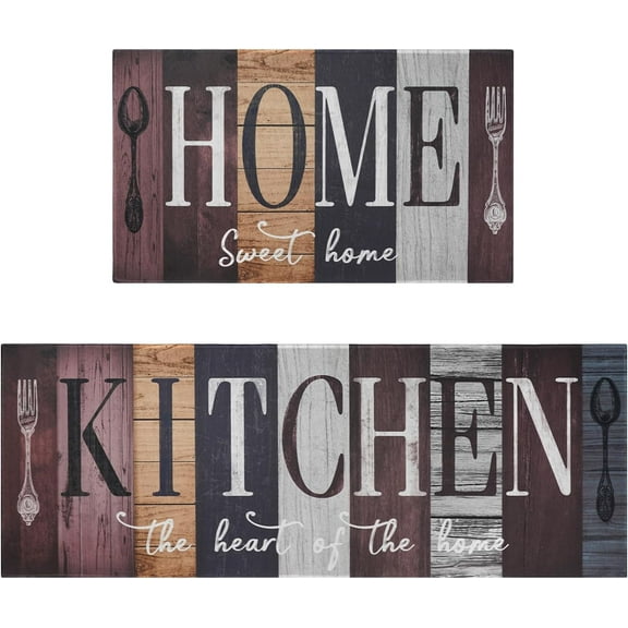 Rustic Farmhouse Kitchen Mats for Floor, Kitchen Rugs Set of 2 Carpet Area Runner Rug, Vintage Retro Farmhouse Navy Red Grey Kitchen Decor and Accessories Stuff, 17x30 and 17x47 Inch