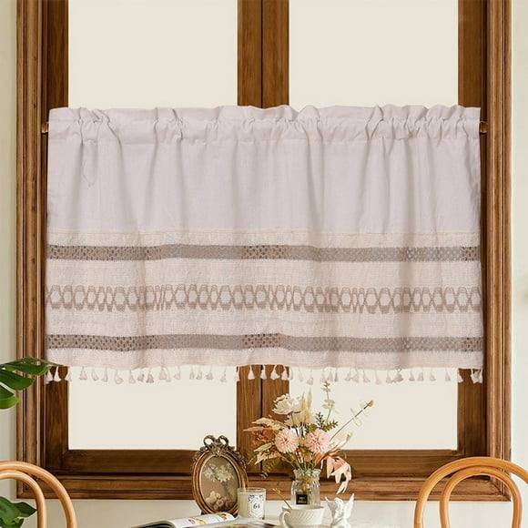 Rustic Farmhouse Kitchen Valances for Windows,Tassel Valances for Living Room,Boho Embroidered Striped Vintage Country Cottage Textured Tassel Curtain Valances for Bathroom Kitchen Cafe