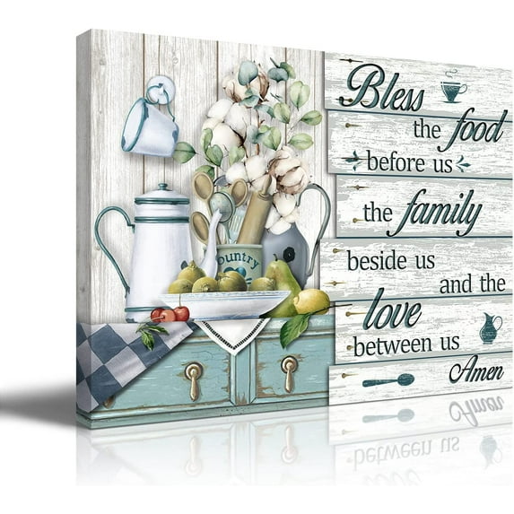 Rustic Farmhouse Kitchen Wall Art Bless The Food Before Us Pictures Motivational Quotes Christian Wall Art Framed Artwork Vintage Art Picture for Home Dining Room Kitchen Decor Ready To Hang 12"x16"