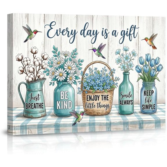 Rustic Farmhouse Kitchen Wall Art Mason Jar Floral Hummingbird Quotes Decor