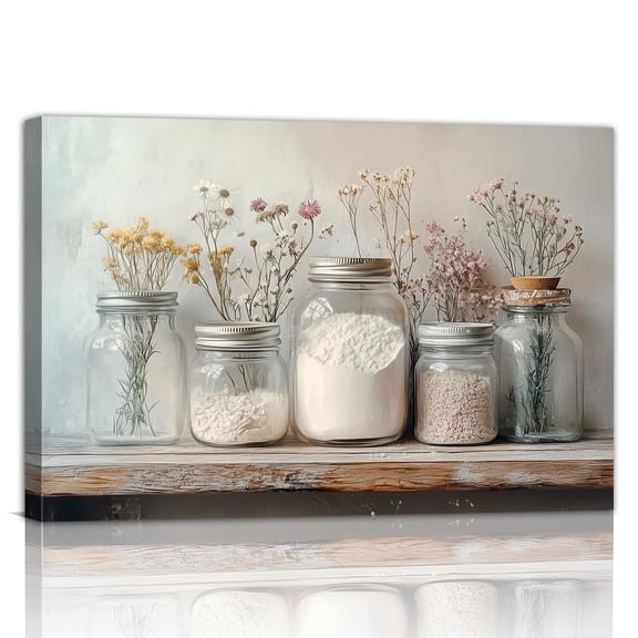 Rustic Farmhouse Kitchen Wall Art, Vintage Mason Jar and Wildflower Canvas Prints, Country Kitchen Wall Decor for Dining Room, Living Room, Restaurant and Home