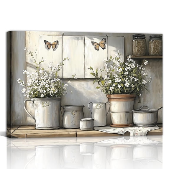 Rustic Farmhouse Kitchen Wall Art, Vintage Mason Jar and Wildflower Canvas Prints, Country Kitchen Wall Decor for Dining Room, Living Room, Restaurant and Home