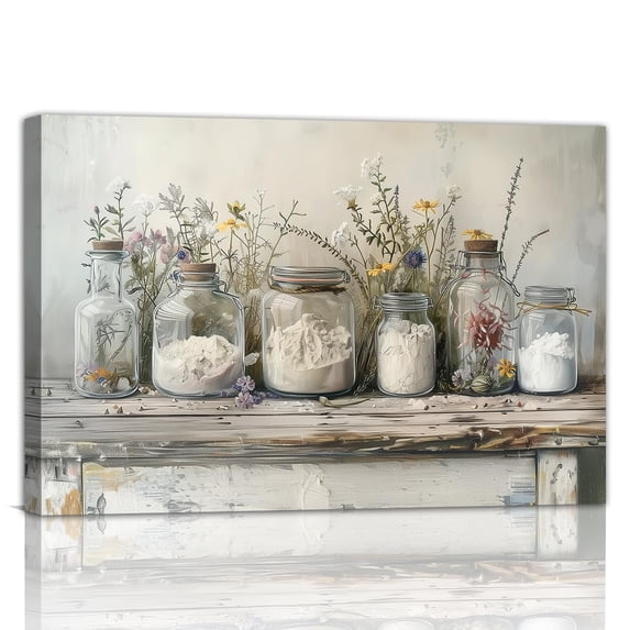 Rustic Farmhouse Kitchen Wall Art, Vintage Mason Jar and Wildflower Canvas Prints, Country Kitchen Wall Decor for Dining Room, Living Room, Restaurant and Home