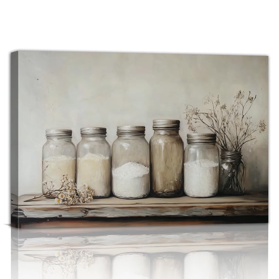 Rustic Farmhouse Kitchen Wall Art, Vintage Mason Jar and Wildflower Canvas Prints, Country Kitchen Wall Decor for Dining Room, Living Room, Restaurant and Home