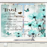 Rustic Farmhouse Kitchen Window Curtains, Elegant Floral Turquoise Teal Blue Gray Daisy Flower Curtains Panels, Bible Verse Scripture Quotes Kitchen Window Drapes with Hooks, 55X39Inches