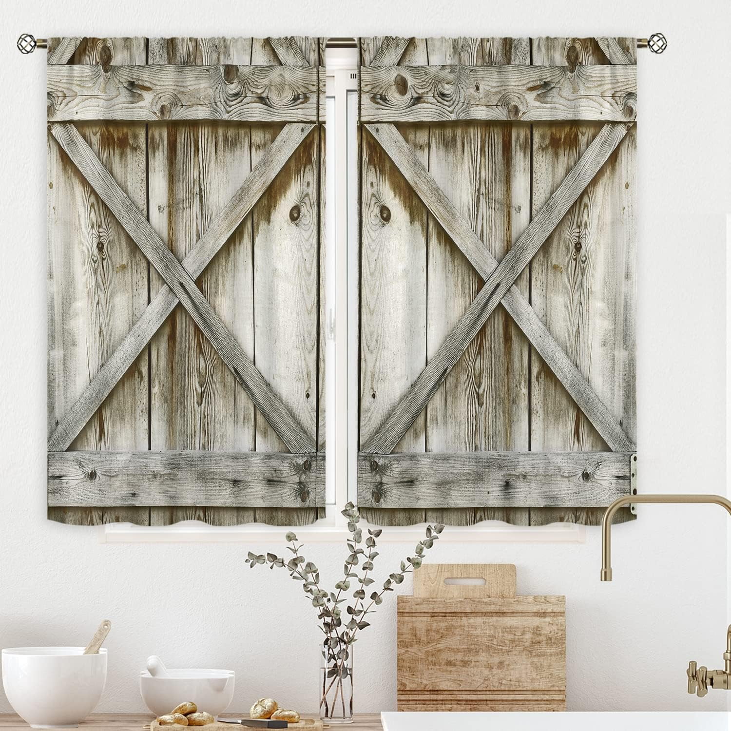 Rustic Farmhouse Kitchen Window Curtains Over Sink Rod Pocket 27.5W x 39L Inch Wooden Barn Door ...