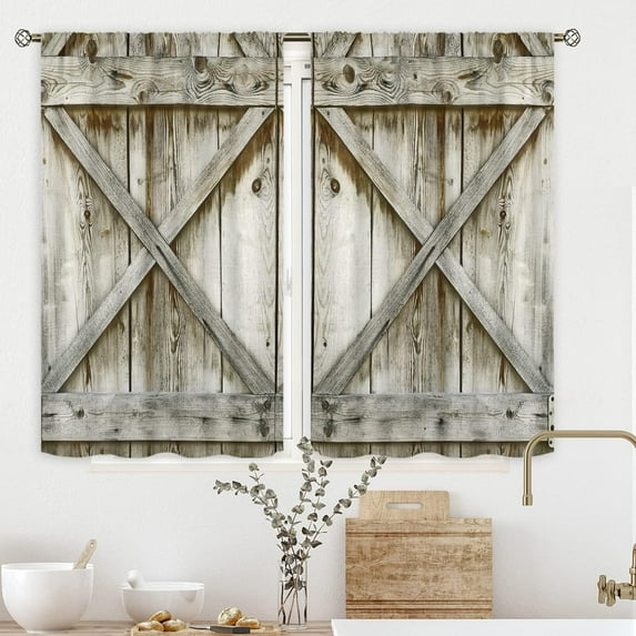 Rustic Farmhouse Kitchen Window Curtains Over Sink Rod Pocket 27.5W x 39L Inch Wooden Barn Door Curtains Country Western Wood Cafe Curtains Retro Grey Farm Village Short Small Drape 2 Panels
