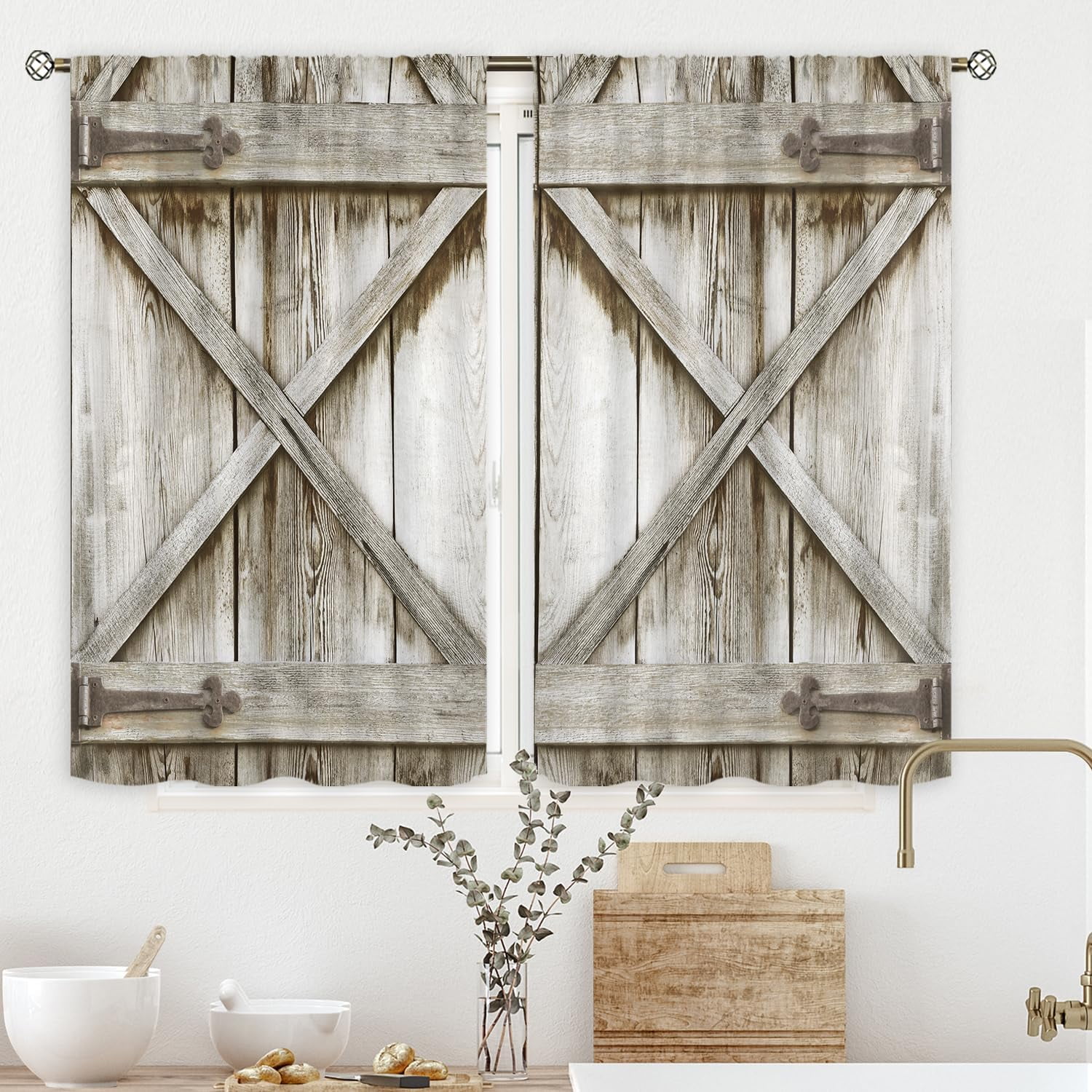 Rustic Farmhouse Kitchen Window Curtains Over Sink - Rod Pocket 27.5W x 39L Inch Wooden Barn ...