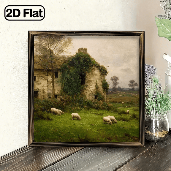 Rustic Farmhouse Landscape Art Print Framed Wall Decor, 8x8 Inch Decorative Signs & Plaques, Vintage Pastoral Sheep House Painting for Living Room, Bedroom, Office, Ideal Gift for Famil