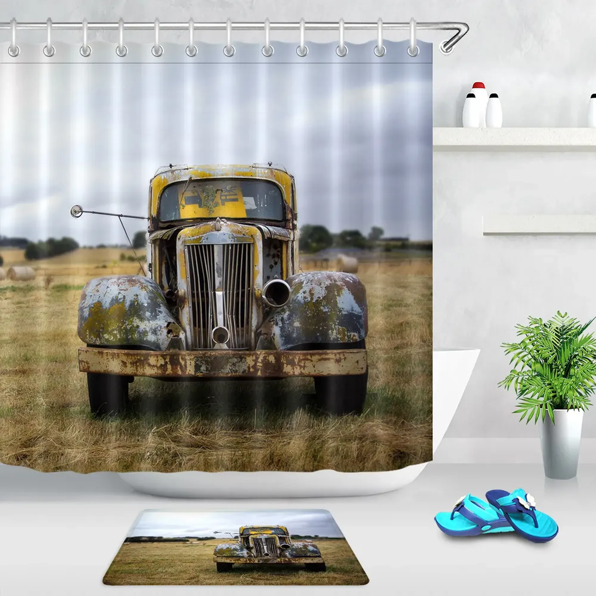 Rustic Farmhouse Landscape Shower Curtain Vintage Truck Bathroom