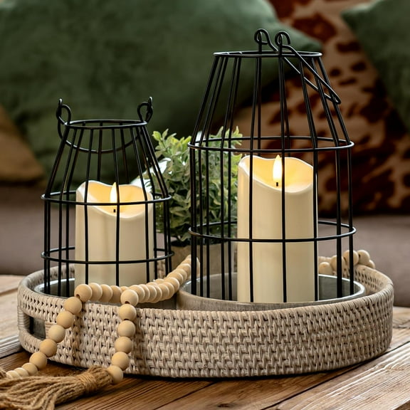 Rustic Farmhouse Lantern Decor with Flameless Candle & Remote Timer, 2PCS Metal Candle Holder Home Decorations for Fireplace Mantle Kitchen Dining Table Living Room